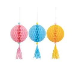Unique Pastel Honeycomb Decorations With Tassels Assorted Colours 3 Pack