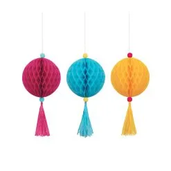 Unique Honeycomb Ball Decorations With Tassel Assorted Colours 3 Pack
