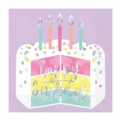 Unique Pastel Cake "Happy Birthday" Foil Stamped Luncheon Napkins 2ply 16 Pack