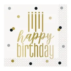 Unique Metallic Happy Birthday Beverage Napkins 2ply 25cm X 25cm 16 Pack