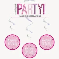 Unique Pink 6 Prismatic Hanging Swirl Decorations - Happy Birthday 81cm