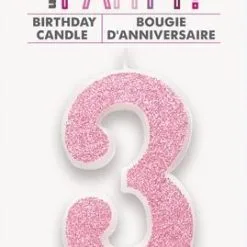 Unique Numeral Candle 3 - Glitter Pink